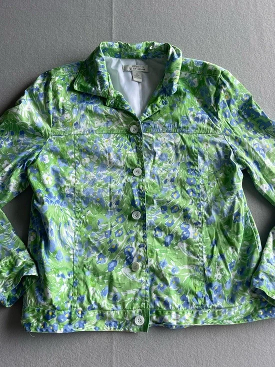 Savvy DT Studio Green Blue Floral Cropped Jacket Lightweight Button Front Spring - Picture 2 of 7